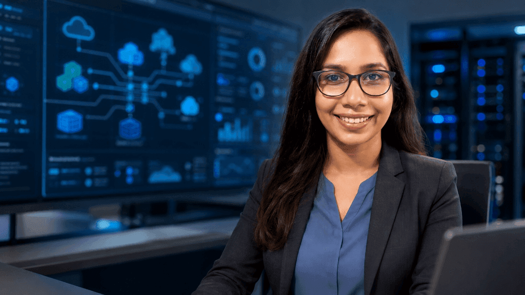 Hiruni Malshika in DevOps workspace with cloud infrastructure monitoring displays